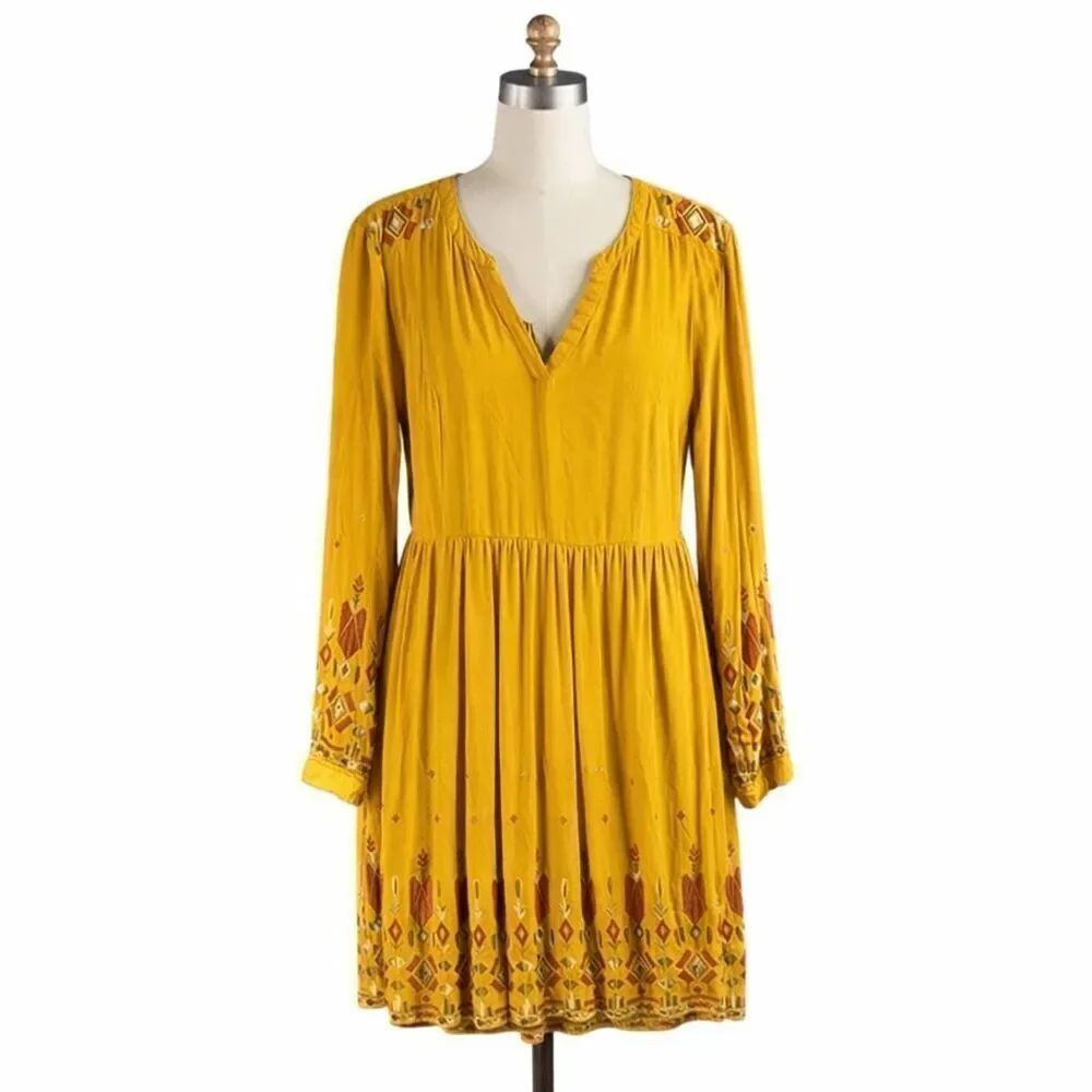 BEACHLUNCHLOUNGE Women’s Boho Long Sleeve Embroidered Rayon Caramel Size XL